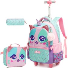 Unicorn Roller Backpack with Wheels Set for Elementary Students Carry on Lugg...