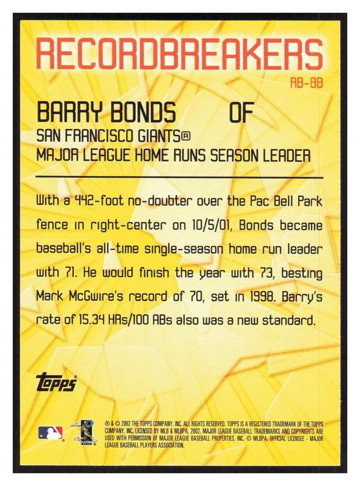 2003 Topps Record Breakers #RB-BB Barry Bonds - San Francisco Giants - Image 2 of 2