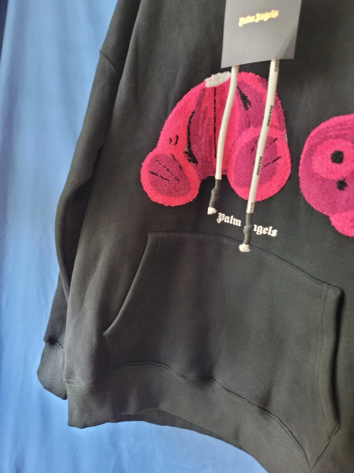 Felpa con cappuccio uomo Palm Angels Bear nera viola rosa orsetto nuova con etichetta taglia L