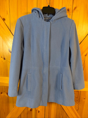 Vintage Herman Kay Lined Wool Blend Hooded Zip Up Blue Coat Size Large (6779)