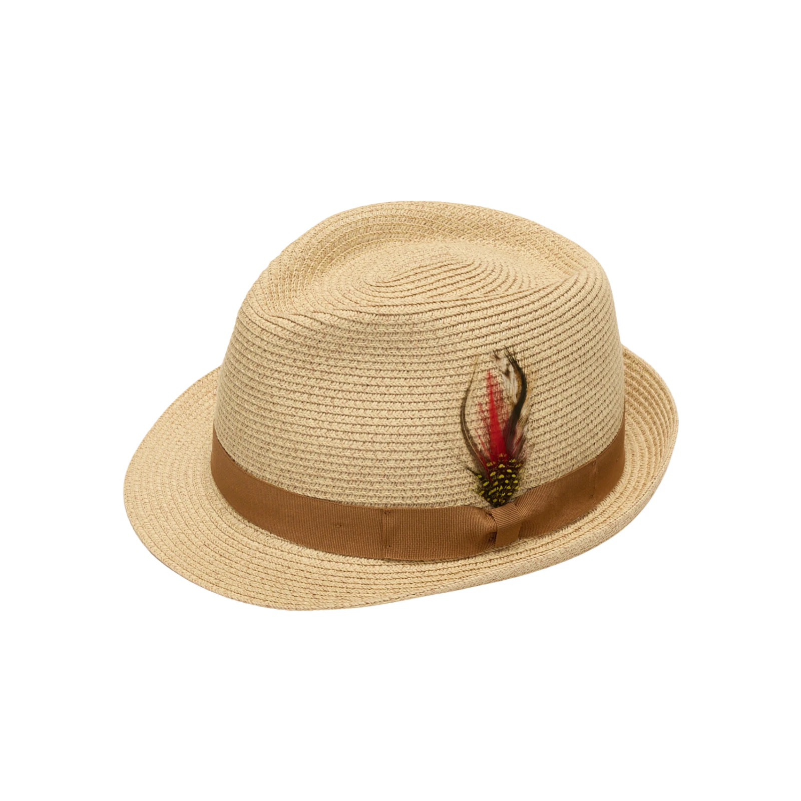 Straw Trilby Hat with Feather Packable Panama Style Fedora Sun Hat for Men Women
