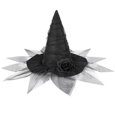Halloween Witch Hat with Veil and Rose Ruched Wizard Costume Accessory Black