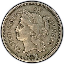 1865 Nickel 3-Cent Piece - Grades VF/30+