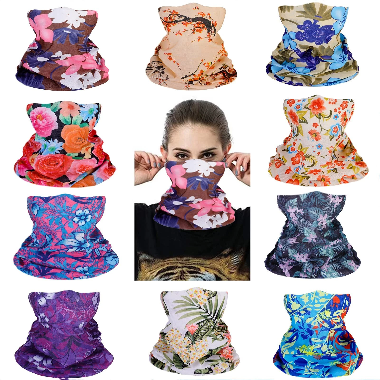 Neck Gaiter Face Mask for Women,10PCS Tube Scarf Seamless Bandanas,Flower Pat...