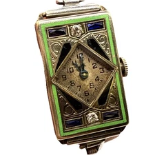 14K WHITE GOLD FILLED Elgin Art Deco Diamond Sapphire Green Enamel Watch WORKING