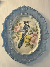 Ceramic Oval Floral Wall Decor Blue Jay Bird French Country Cottage Chic 9x7”