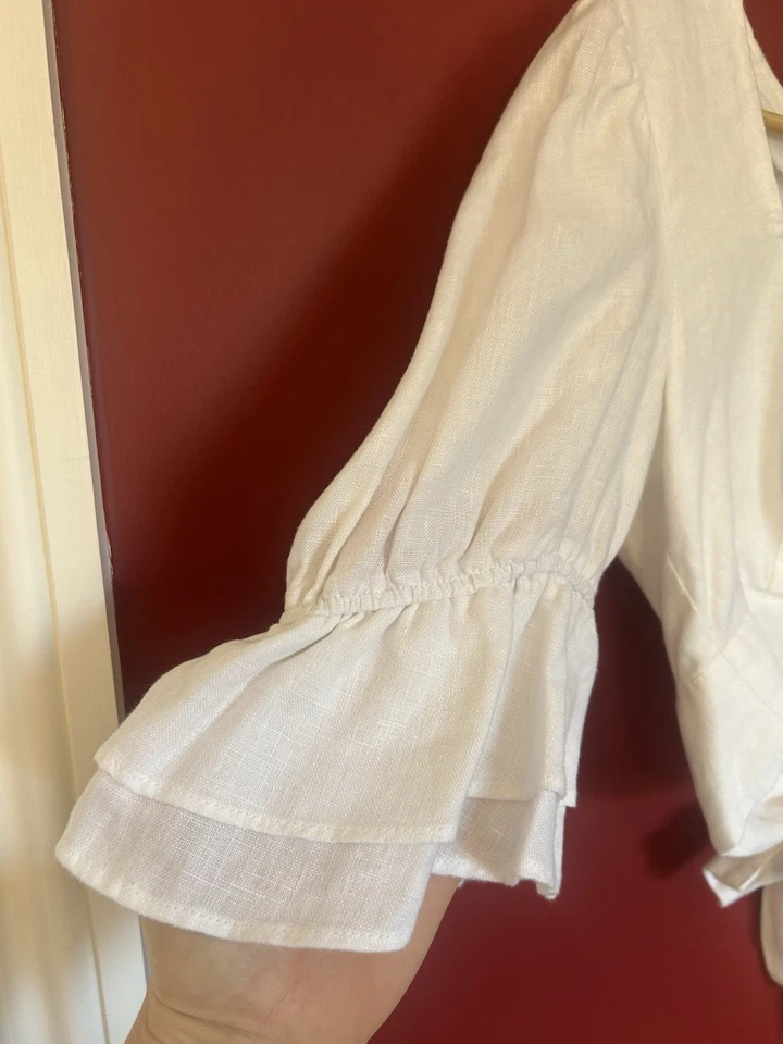 NA-KD 100% Linen White Cut-Out Tie Open Back Flared Sleeves Crop Top 36 Uk 8 - Image 3 of 4