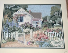 Vintage Needlepoint Art Hand Made Country House with Beautiful Garden 22.5x19”