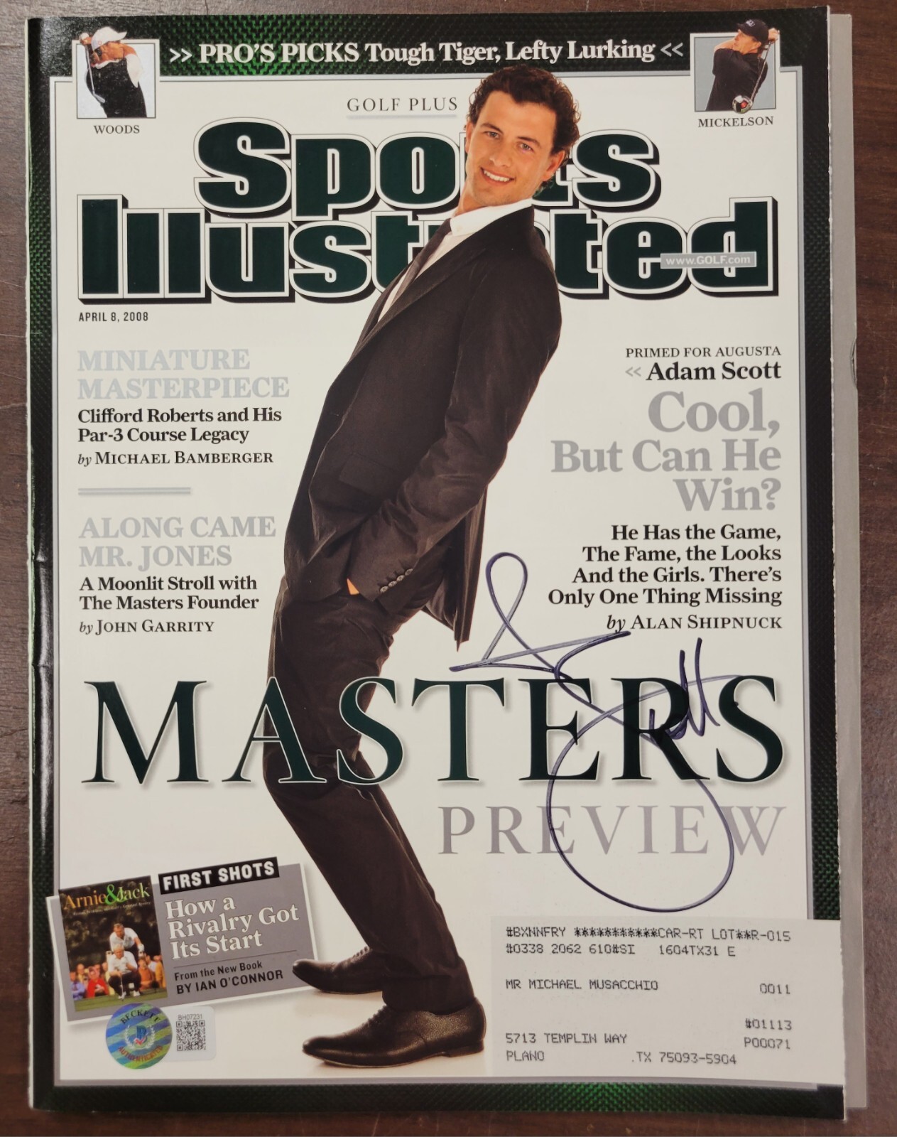 Adam Scott Autographed Signed Sports Illustrated Magazine 4/8/08 PGA Golf Masters Beckett 