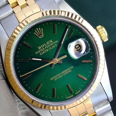 Rolex Datejust Two-Tone 18KY Gold & Steel Green Index Dial Watch w/ Box & Paper