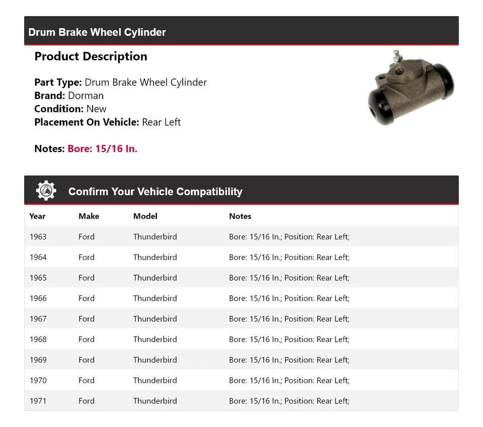 Cilindro de rueda de freno de tambor trasero izquierdo para Ford Thunderbird Dorman 1963-1971 1964 Foto 2 de 4