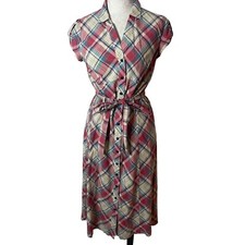 J. Peterman Dress Vintage Size 6 Midi Plaid Pink Blue Cream Matching Belt Cotton