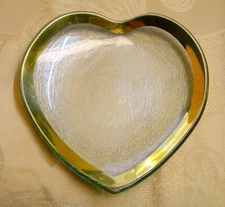 Signed ANNIEGLASS 24K Gold Rim Heart Shaped  Serving/Jewelry Trinket Dish 7"x 7"