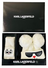 NWT Karl Lagerfeld Paris Ha t Gloves Gift Box Set White Black Cat Logo