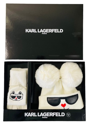 NWT Karl Lagerfeld Paris Ha t& Gloves Gift Box Set White Black Cat Logo