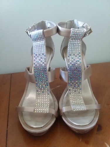 BCBG MAX AZRIA Champagne Beaded Ankle Strap Platform Heels - Picture 2 of 6