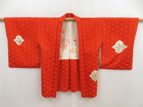 5218T08z530 Vintage Japanese Kimono Silk HAORI Flowers Orangered