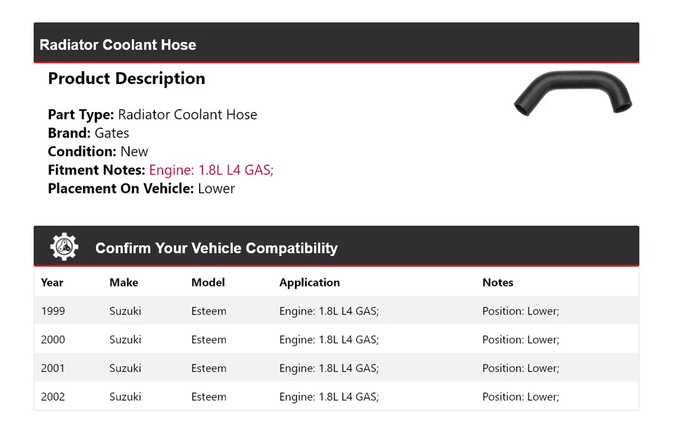 Для 1999-2002 Suzuki Esteem 1,8 л L4 газовый радиатор шланг охлаждающей жидкости нижние ворота 2000 - Изображение 2 из 4
