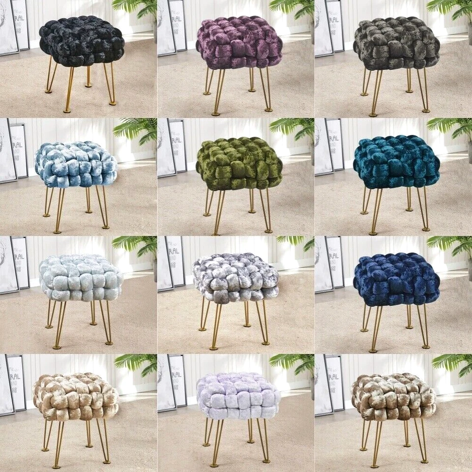 Handwoven Crushed Velvet Ottoman Footstool Soft Plush Pouf with Gold Metal Legs - Image 2 of 4