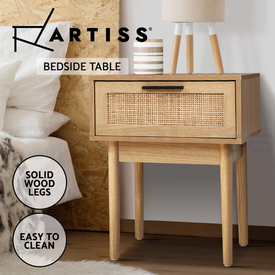 Artiss Bedside Table Rattan Drawers Side Table Storage Cabinet Wood Nightstand