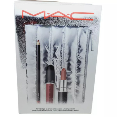MAC Powdered Snow Powder Kiss Lip Kit 4 PC Set Brown NIB
