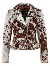 Women's Brando Style Biker Leather Jacket Hair On Cowhide Classic Fashion Jacket