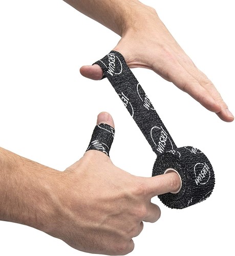 JERSUM Premium Gewichtheben Daumenband dehnbar selbstklebend latexfrei schwarz, blau - Bild 5 von 15