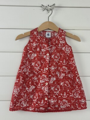 Baby Girl PETIT BATEAU Sz 67 6m Sleeveless Dress Red White Print