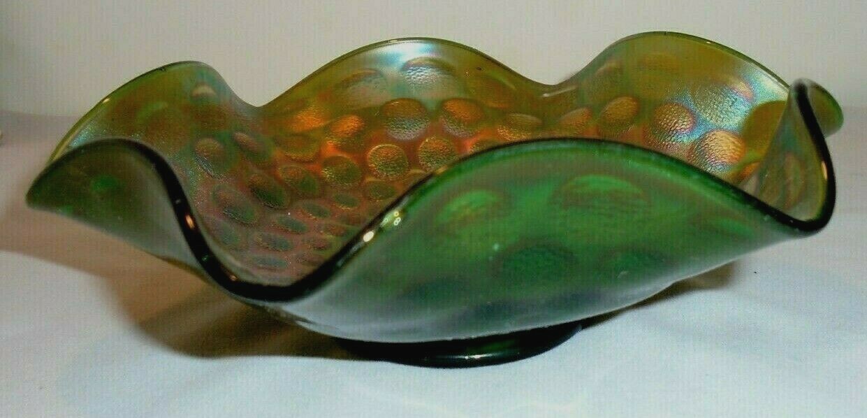 Scalloped Ruffled Rim Fenton Carnival Glass Ruffled Bowl Green Coin Dot 9.5