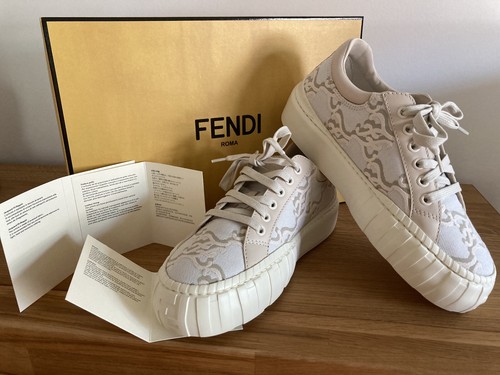 FENDI Force sneaker 38,5 bianco/beige basse jacquard FF tessuto pelle scarpe donna - Foto 3 di 24