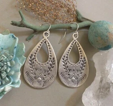 Sterling Silver Sundance Charm Floral Stamp Antique Teardrop Artisan Earrings