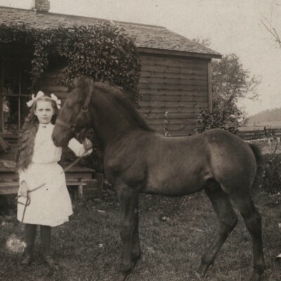 Vtg. 1910s Postcard RPPC Young Lady Child Pet Horse Filly Foal Pony Wood Cabin