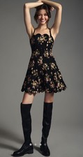 Anthropologie | Black Floral Scalloped Fit & Flare Mini Dress L