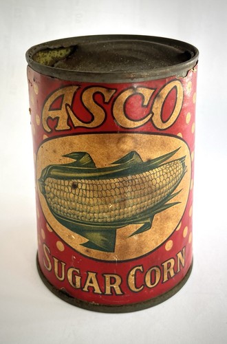 Vintage ASCO Marke Zucker Mais Werbung Dose leer Papieretikett Metall gepunktet