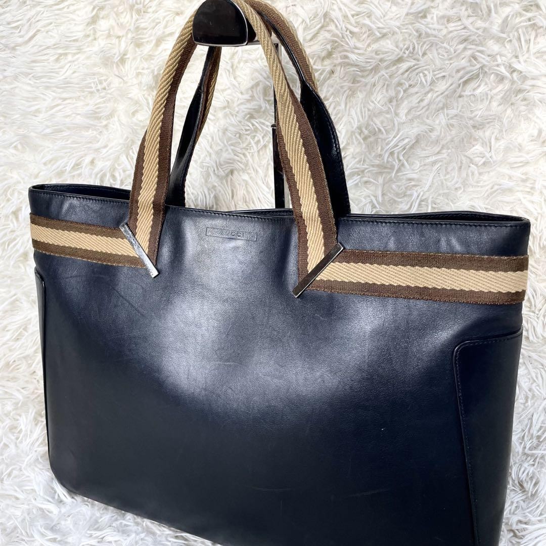 Gucci Sherry Line Black Leather Unisex Tote Bag 15.7x11.8in Casual Business