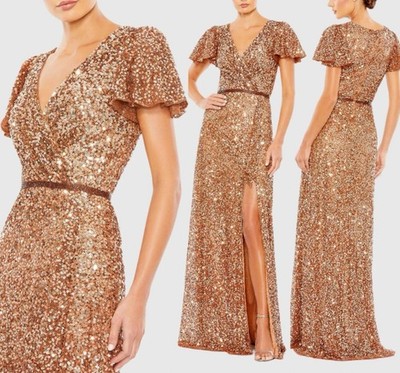 MAC DUGGAL 5540 Copper Sequined Wrap Over Butterfly Sleeve Draped Gown Sz 14