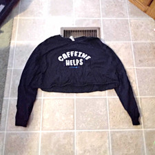 Black "Caffeine Helps" Graphic Long Sleeve Pullover Crop Top Women’s Size S