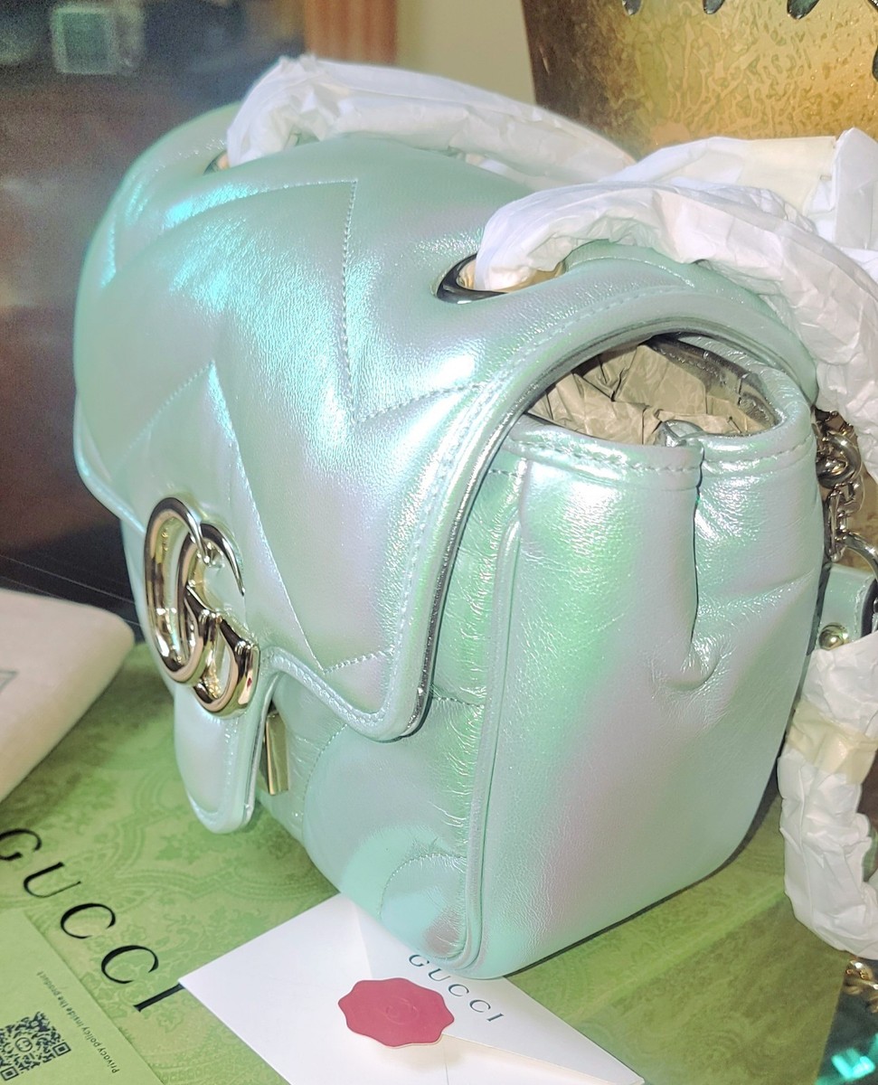 NEW GUCCI MARMONT MINI SHOULDER BAG IRIDESCENT GREEN QUILTED