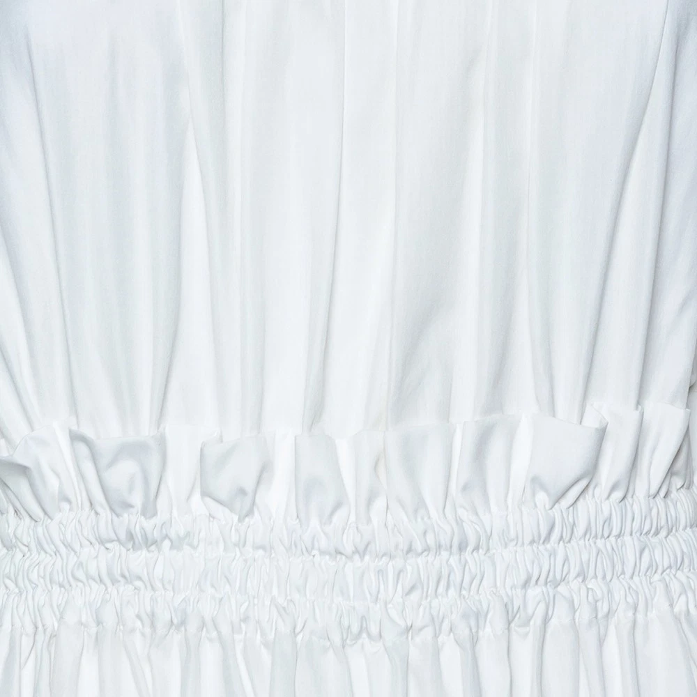 Abito midi Alexander McQueen bianco cotone arricciato a più livelli sulle spalle M