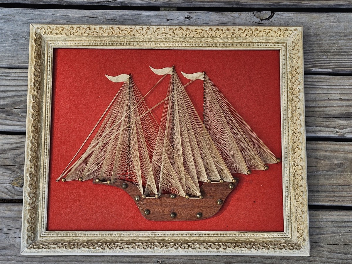 VTG Mid Century 3D String Art Nail Sail Boat Ship Wall Frame 23x19