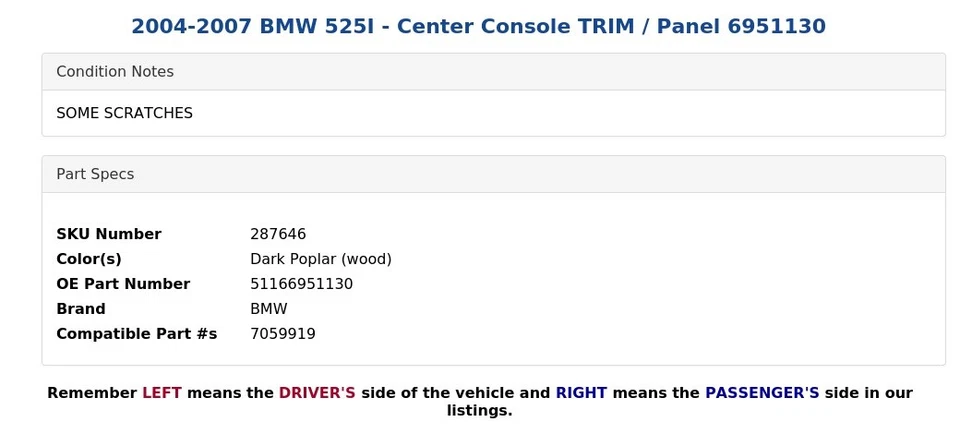 BMW 525I 2004-2007 - consola central TRIM/panel 6951130 Foto 4 de 4