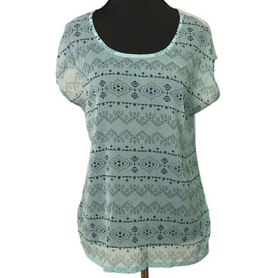 Lucky Brand Blue Semi-Sheer Boho Mixed Media Printed Top Blouse Medium