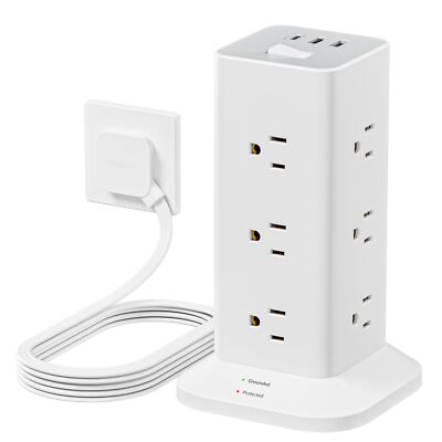 Power Strip Tower with Surge Protector, TESSAN Flat Plug Extension Cord 10 Ft...