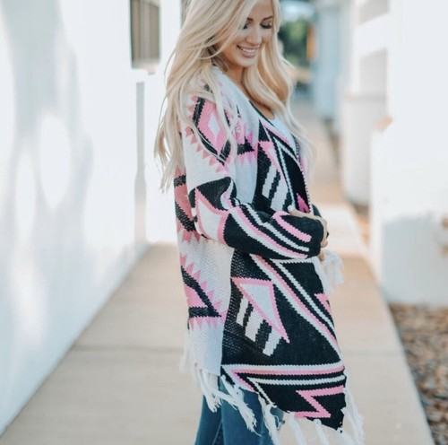 Aztec Tribal Pink Fringed Cozy Cardigan 