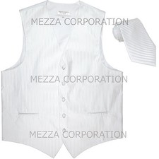 New Men's Tuxedo Vest Waistcoat Vertical Stripes Necktie prom party formal White