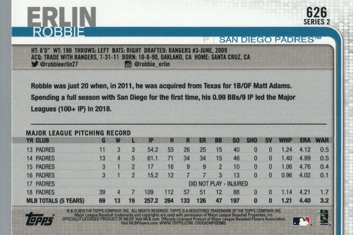 #626 Robbie Erlin San Diego Padres 2019 Topps Series 2 Baseball Card GAU - Picture 2 of 2