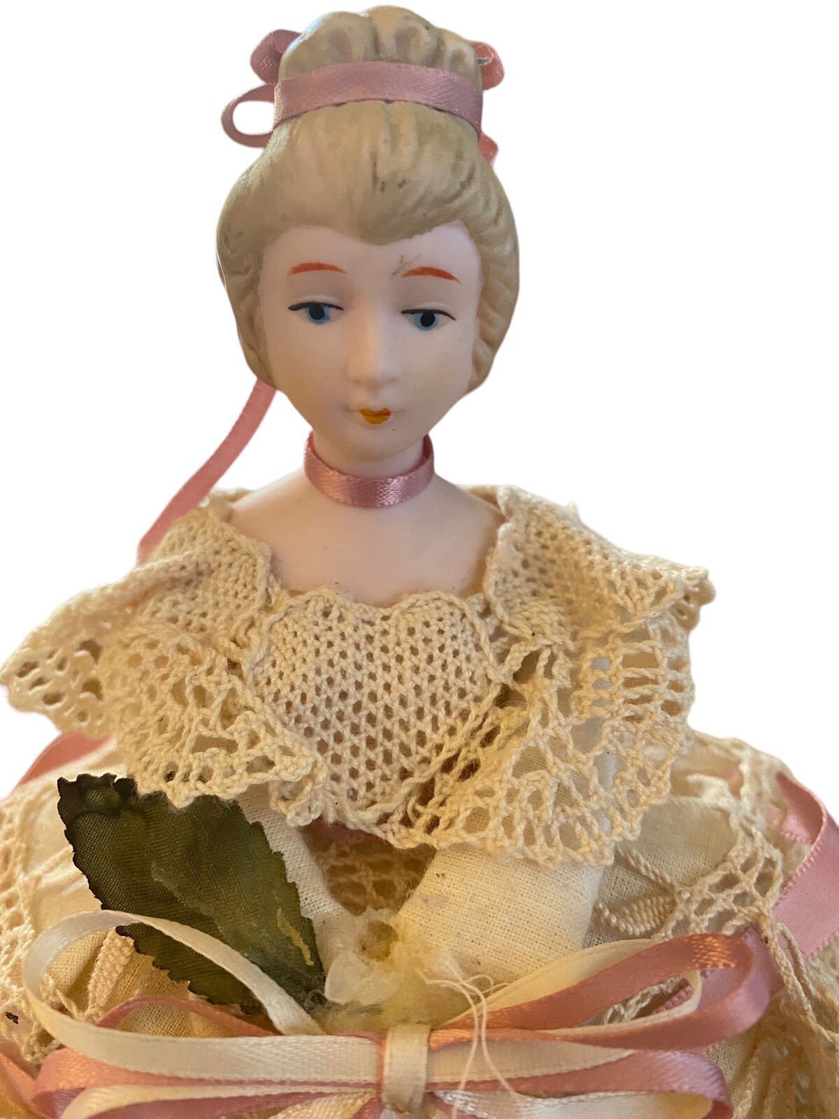 Vintage Air Freshener Doll Topper Porcelain Head Crocheted Lace Dress