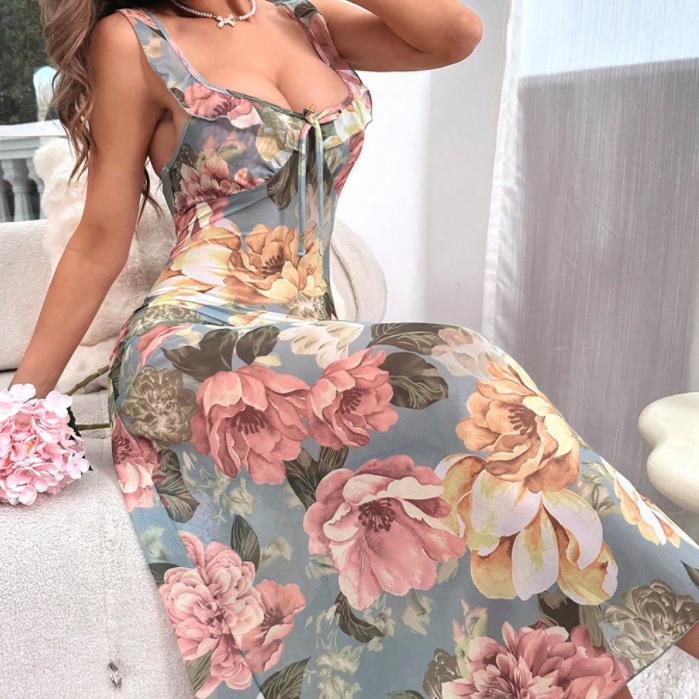 2024 New European Design Fashion Lady Fresh Flower Summer Long Dress Female  Hot