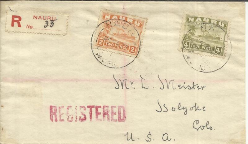 Nauru SG#29A,#32A-NAURU PACIFIC 25/FE/27-Registered(label)to USA