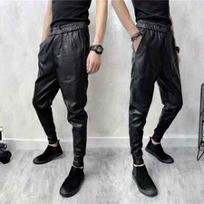 Men's Genuine Lambskin Leather Joggers Pants Black Jogger Relax Fit Trousers